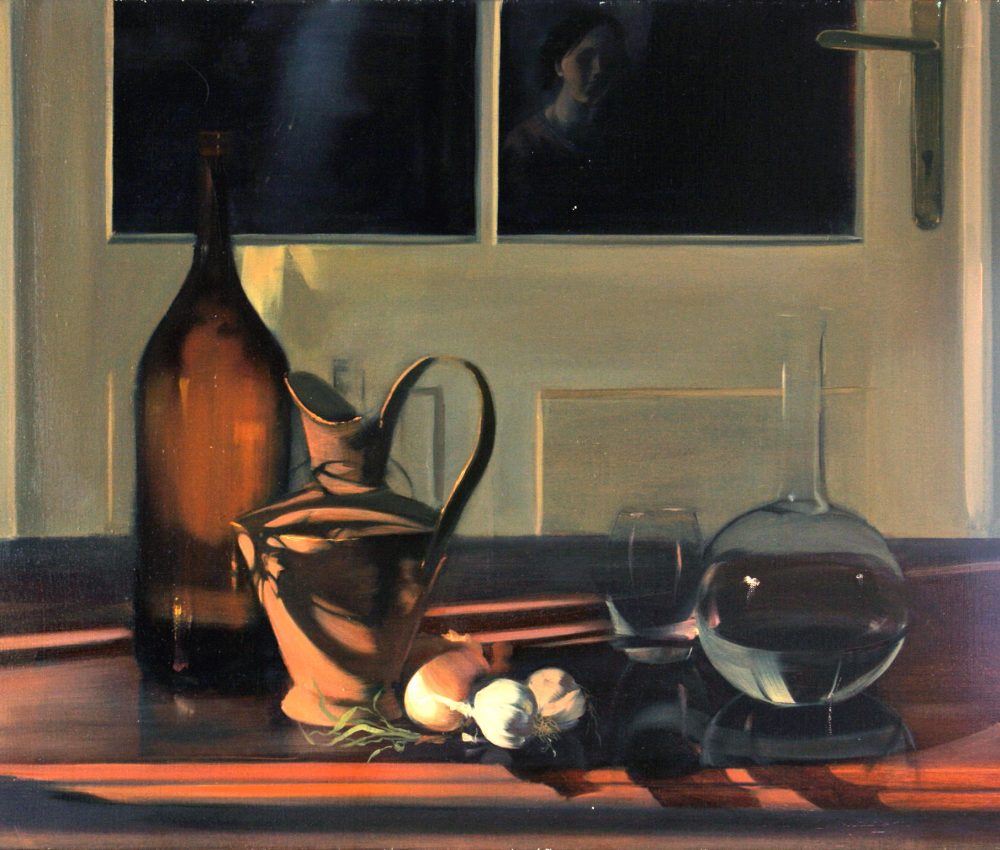 Csendélet üvegekkel és önarcképpel olaj, vászon 70x90cm 2006