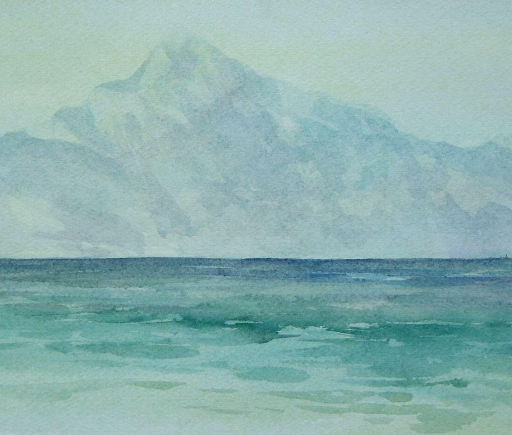 Athos hegy Sartiból akvarell, papír 18x33 cm 2021