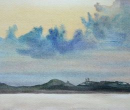Naplemente, felhőkkel II. akvarell, papír 17x32 cm 2022